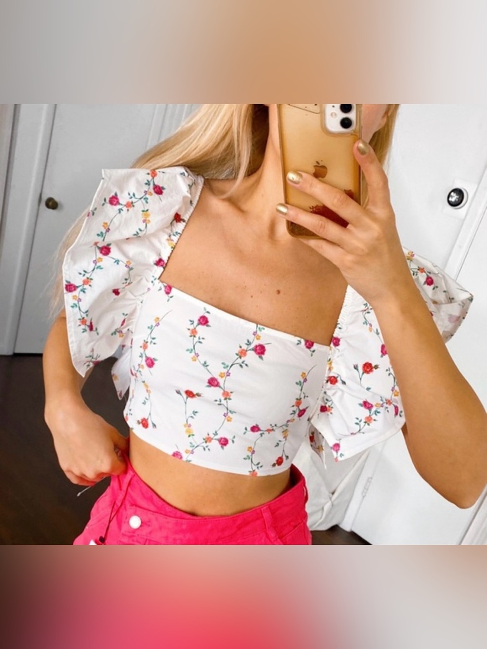 Zara Crop Top floral white flutter sleeve square neck top
